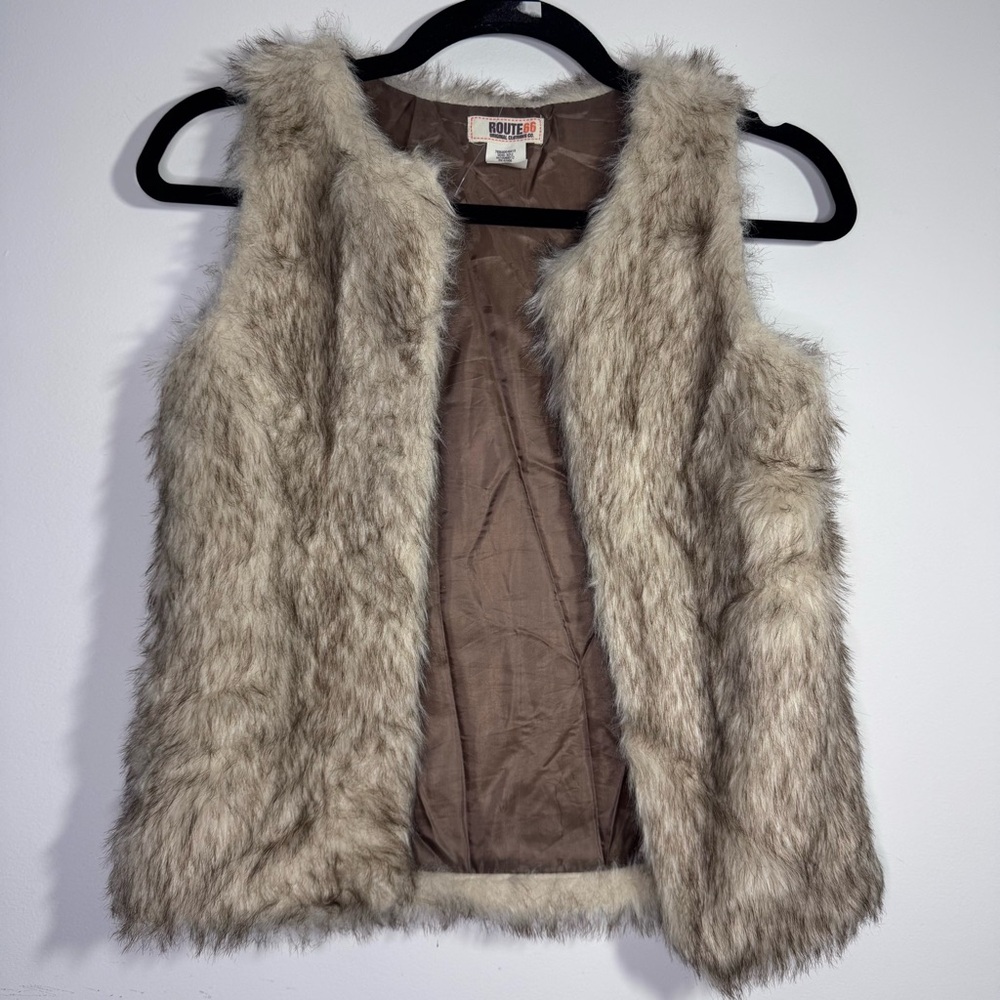 Vintage Route 66 Faux Fur Vest Brown Tan Open Front Cropped